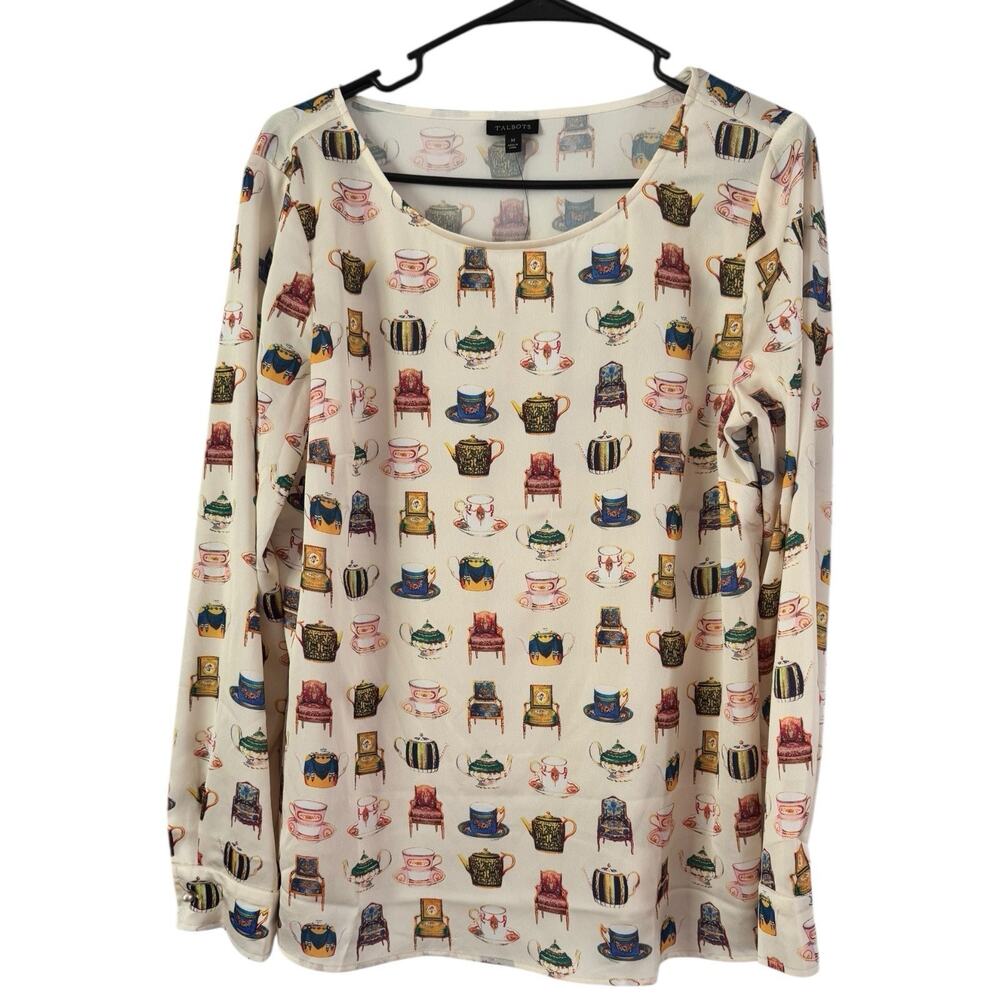 NWD Talbots Teacup Satin Long Sleeve Blouse Womens Medium Whimsical Teaparty